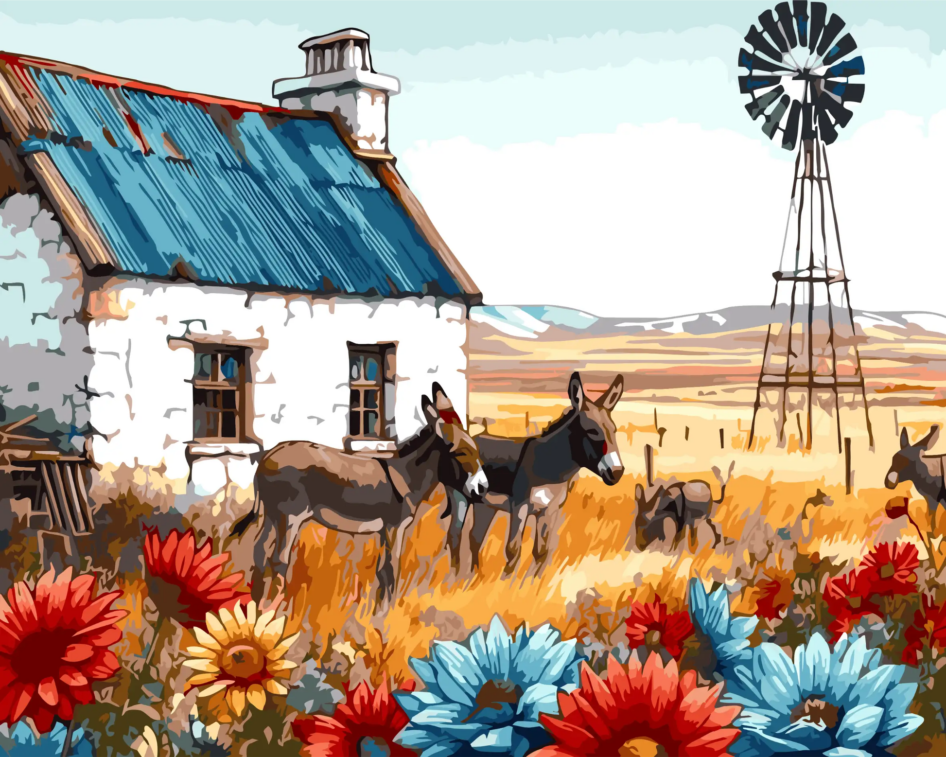 Illustration of a farm scene with animals, flowers, and a windmill.