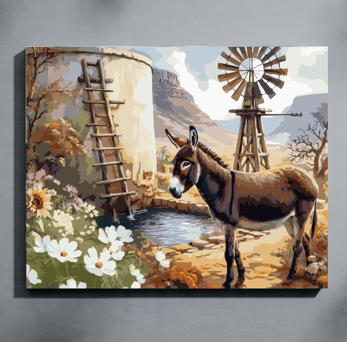 Paint by number of a donkey by a windmill and water well with flowers in the foreground.