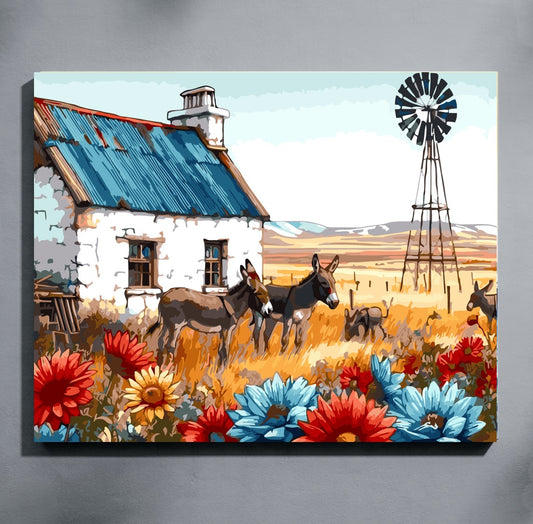Painting of a farm scene with animals, flowers, and a windmill.