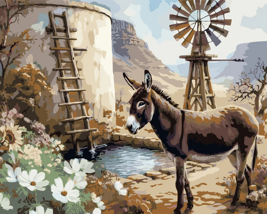 Painting of a donkey by a watermill with flowers and a windmill in the background
