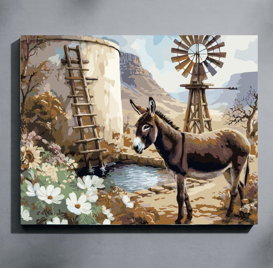 Painting of a donkey by a watermill with flowers and a ladder.
