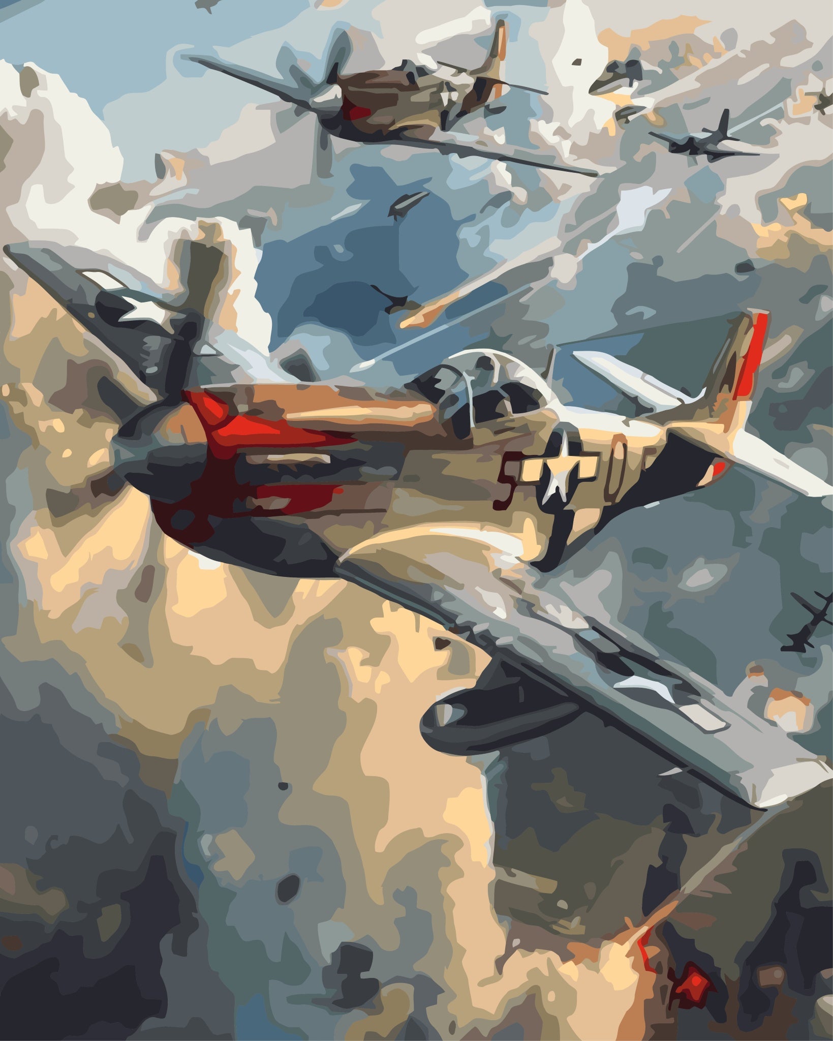Paint by Number of WWII fighter planes in aerial combat with explosions and smoke in the sky.