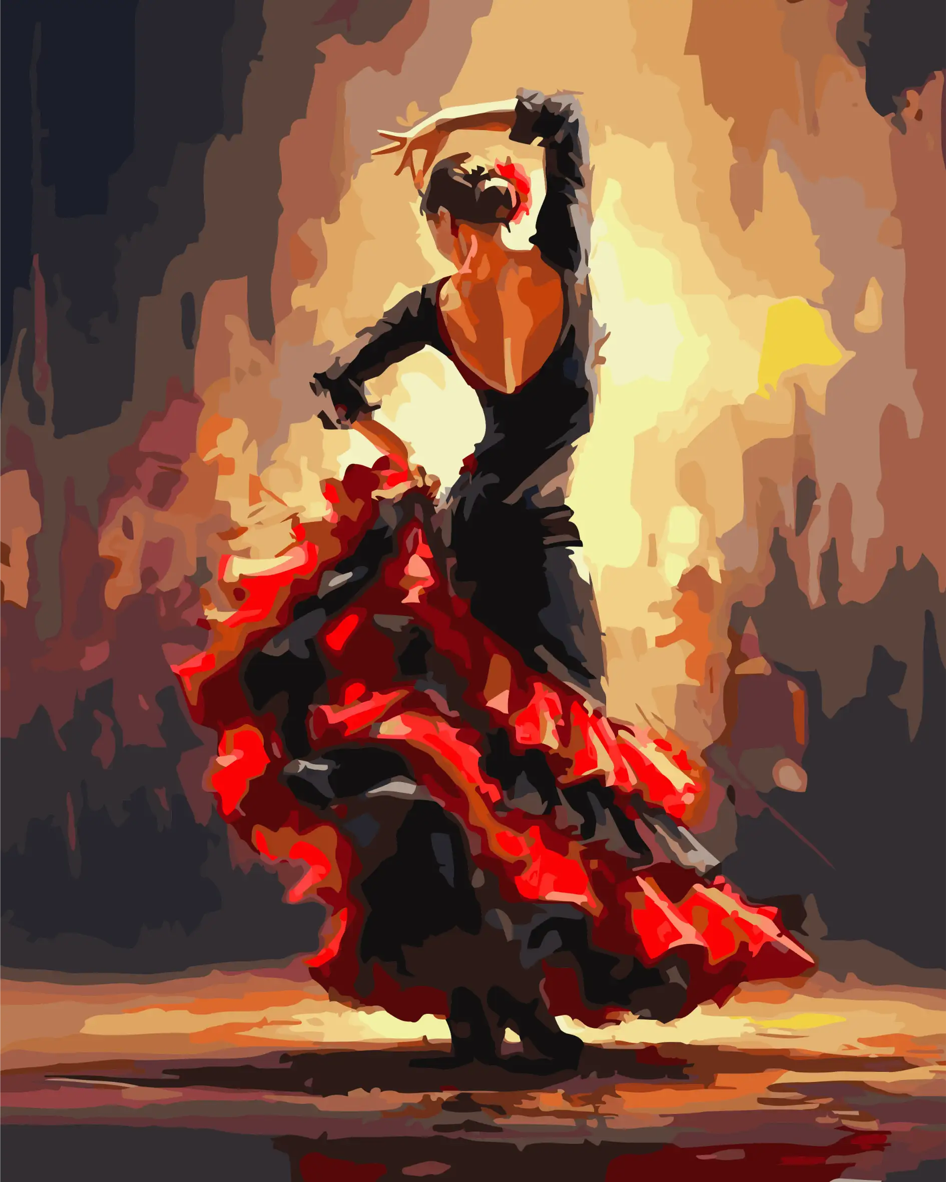 Dancer in a black and red dress against a warm, abstract background