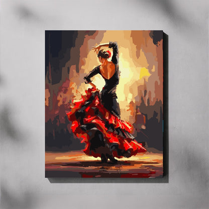 Canvas print of a flamenco dancer with a red skirt on a gray background