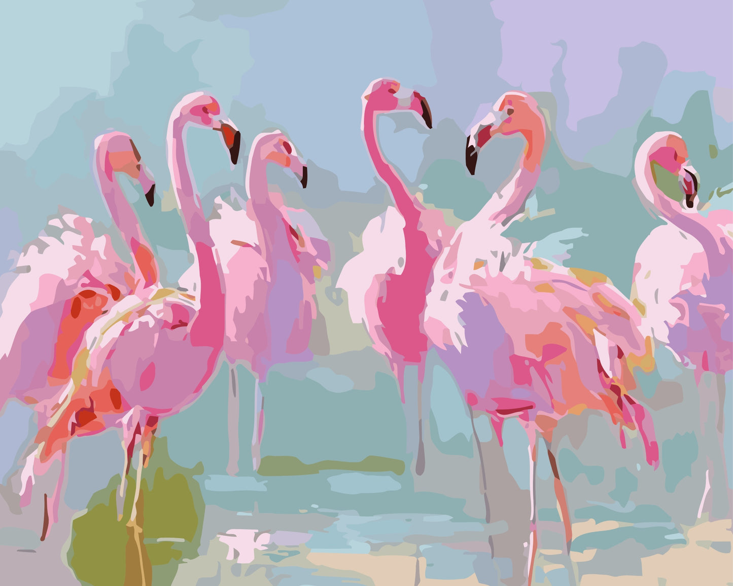Paint by number of a flock of pretty pink flamingos standing in water with a soft, pastel backgroun