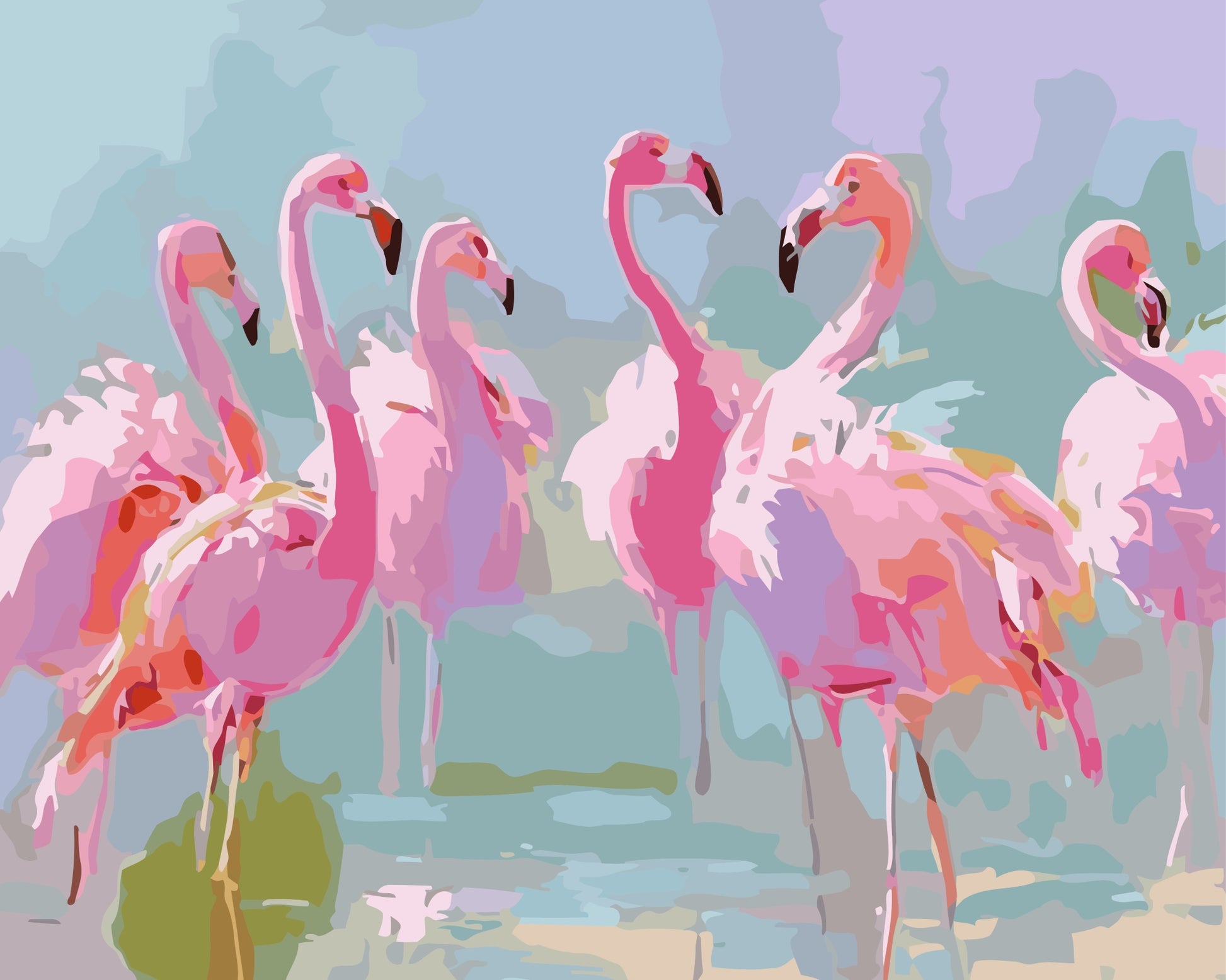 Paint by number of a flock of pretty pink flamingos standing in water with a soft, pastel backgroun
