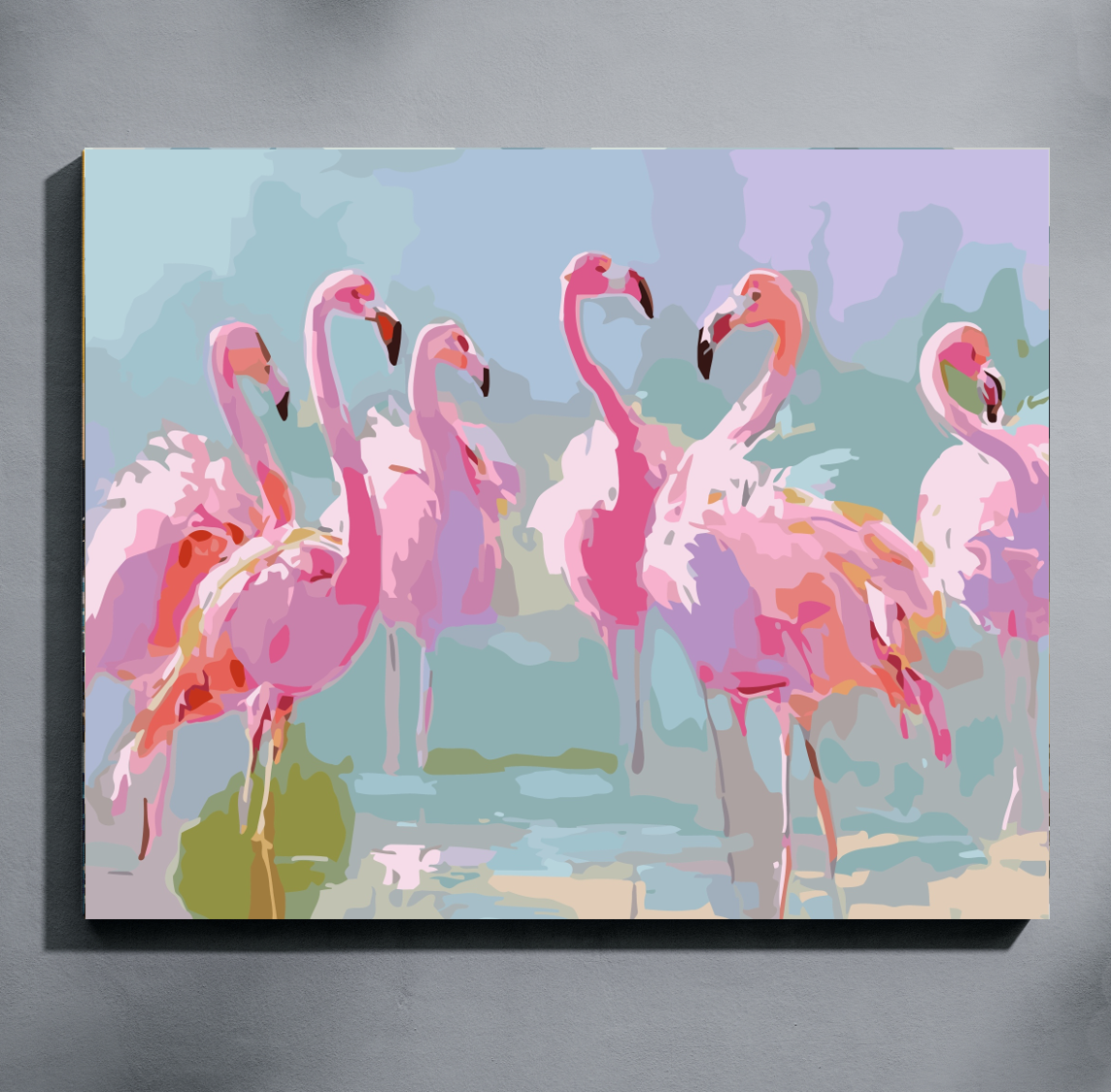 Paint by number of a flock of pretty pink flamingos on a blue sky background