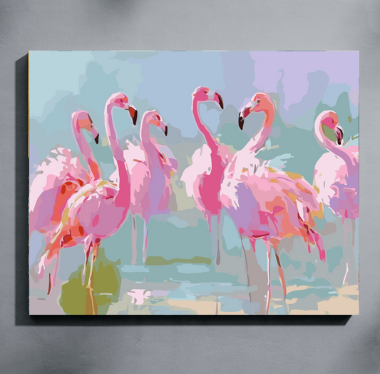 Paint by number of a flock of pretty pink flamingos on a blue sky background