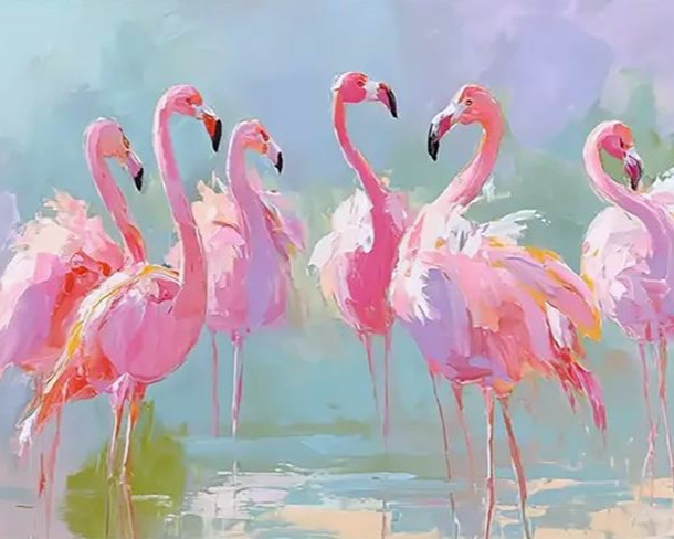 Painting of pink flamingos standing in water with a soft, pastel background