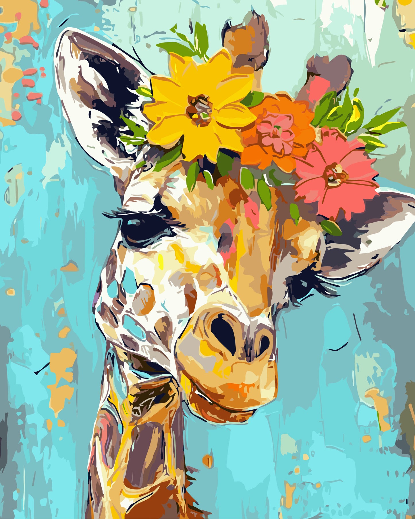 Colorful painting of a giraffe's face with flowers on a blue background