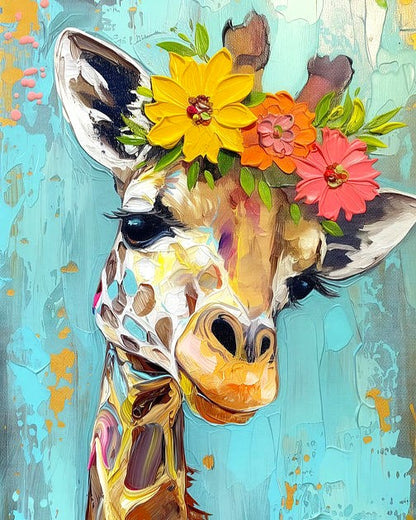 Painting of a giraffe's head with flowers on a blue background