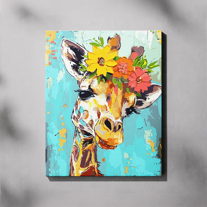 Colorful painting of a giraffe with flowers on a blue background