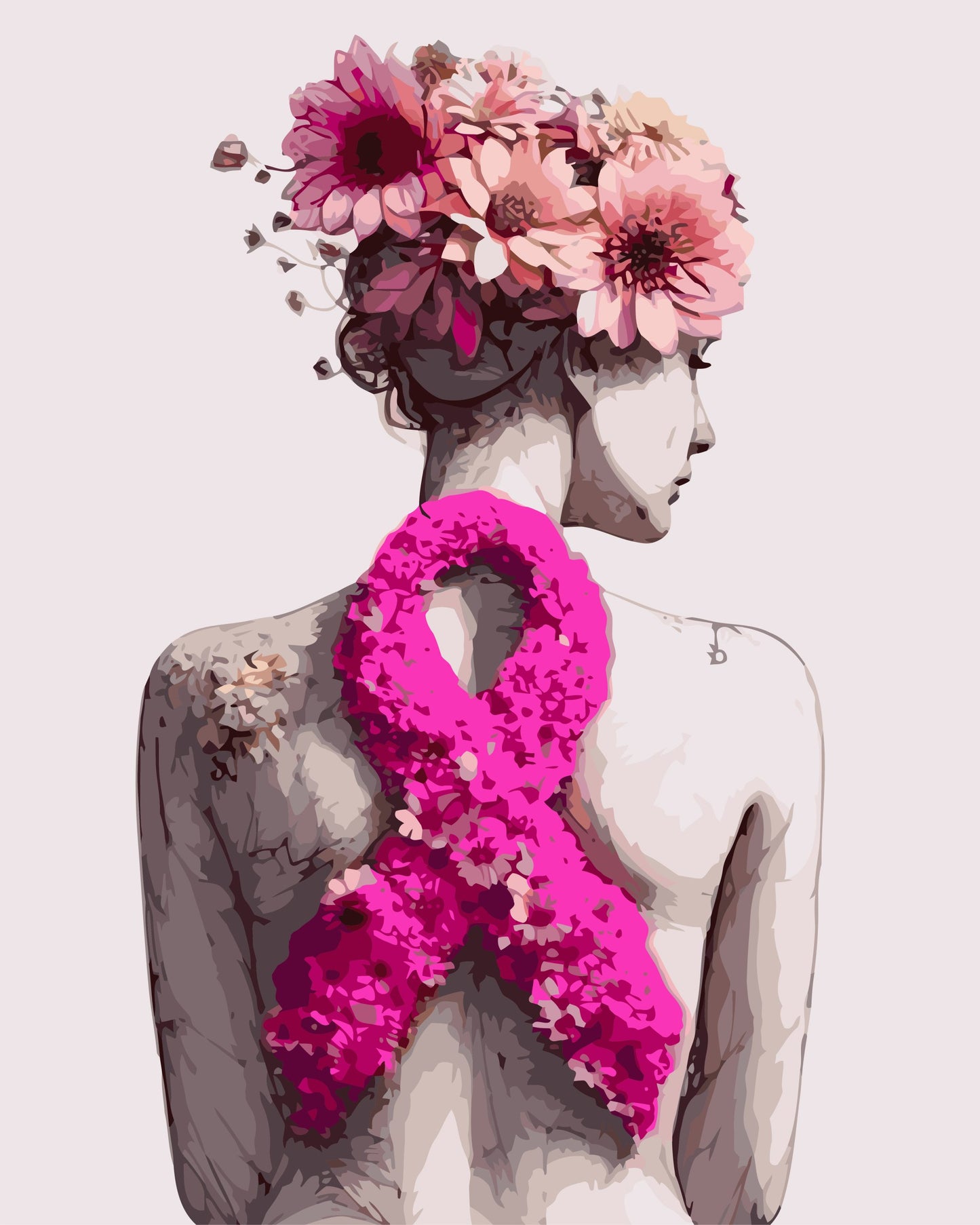 Artistic depiction of a figure with a pink floral ribbon and flowers in hair on a light background