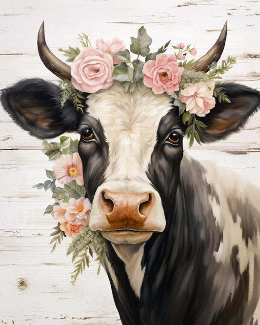 A stylized portrait of a black-and-white cow with curved horns, decorated with pink flowers and green leaves, set against a whitewashed wood background.
