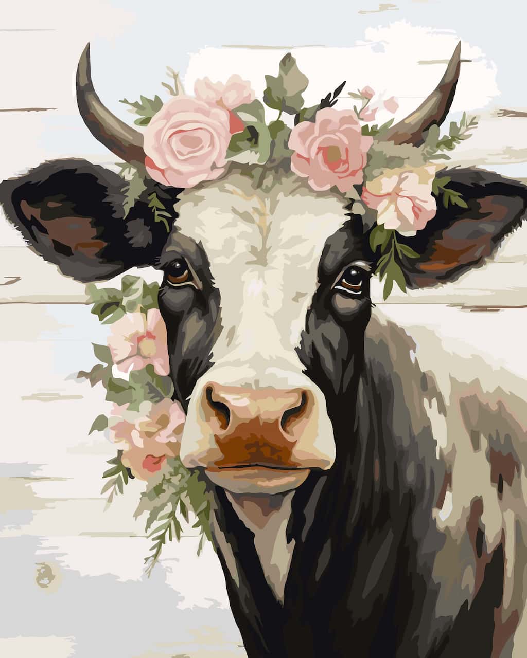 A paint by number of a black-and-white cow with pink flowers and green leaves around its head, set against a light rustic background.