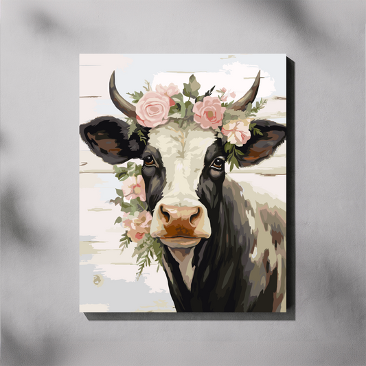 A vertical paint by number canvas featuring a painted cow with a floral crown of pink roses and green leaves, shown hanging against a light gray wall with soft shadow overlays.