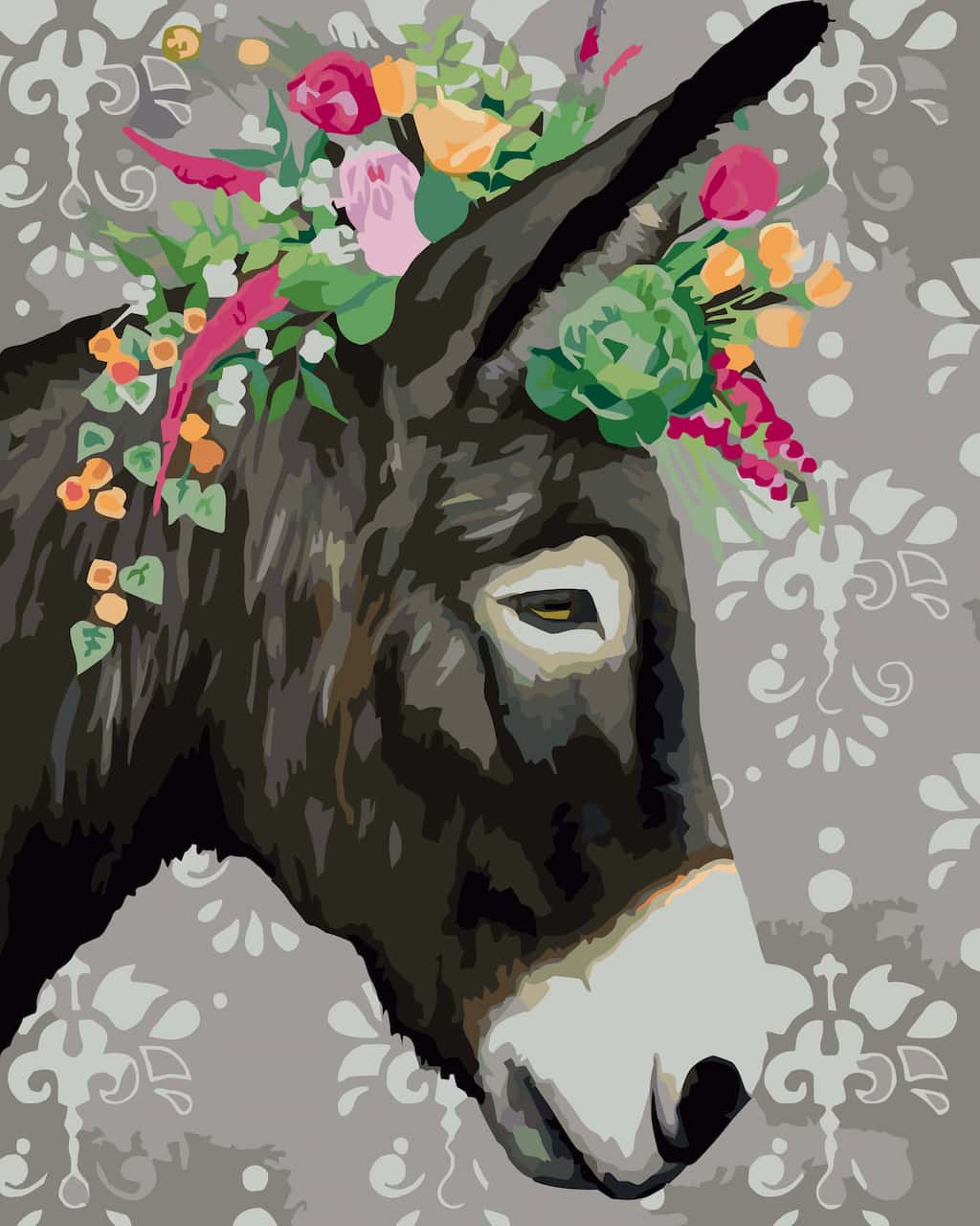 A completed paint by number of a dark gray donkey with a colorful floral crown, set against a gray damask patterned background.
