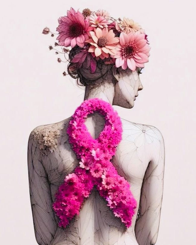 Artistic depiction of a figure with a pink floral ribbon and flowers in hair on a light background