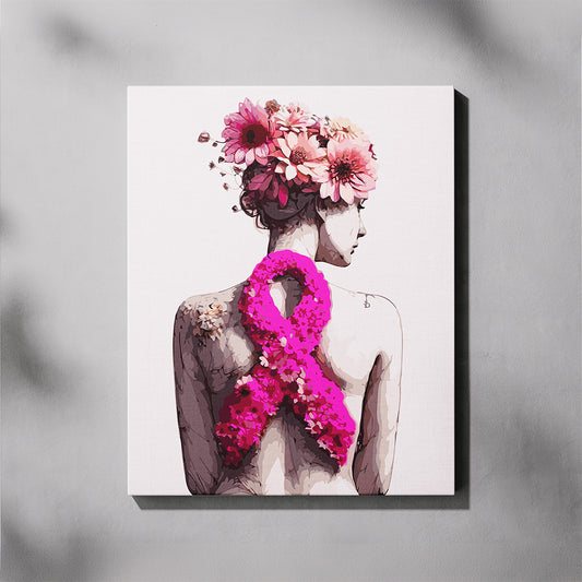 Artistic depiction of a woman with flowers and a pink ribbon on a gray background