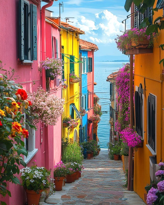 A narrow cobblestone street lined with brightly colored houses in pink, yellow, blue, and orange, decorated with abundant flower boxes and trailing pink blossoms, leading toward the blue sea under a partly cloudy sky.