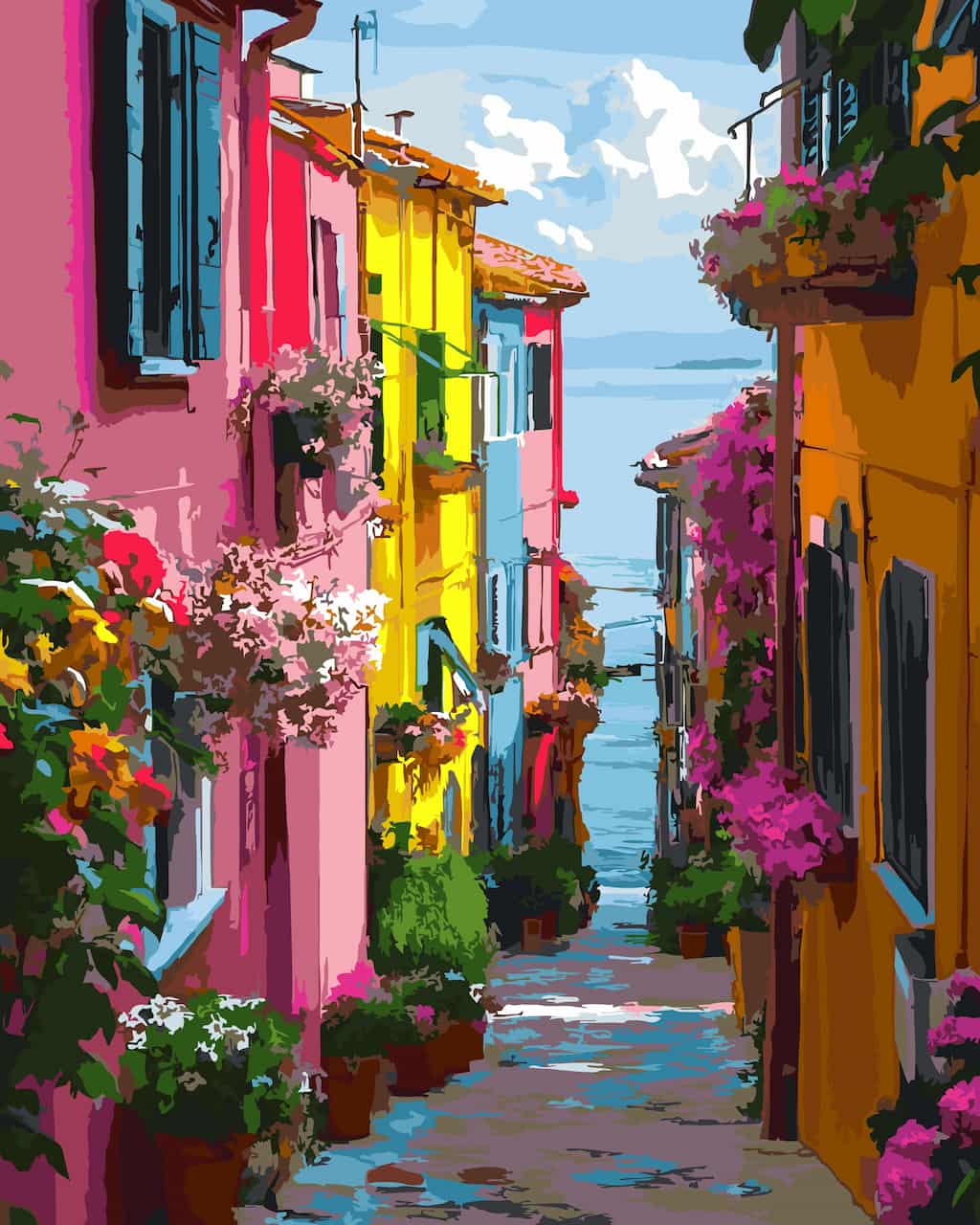 Vibrant paint by number of a narrow coastal street lined with colorful houses in pink, yellow, orange, and blue, decorated with abundant flowering plants and overlooking the sea under a bright sky.