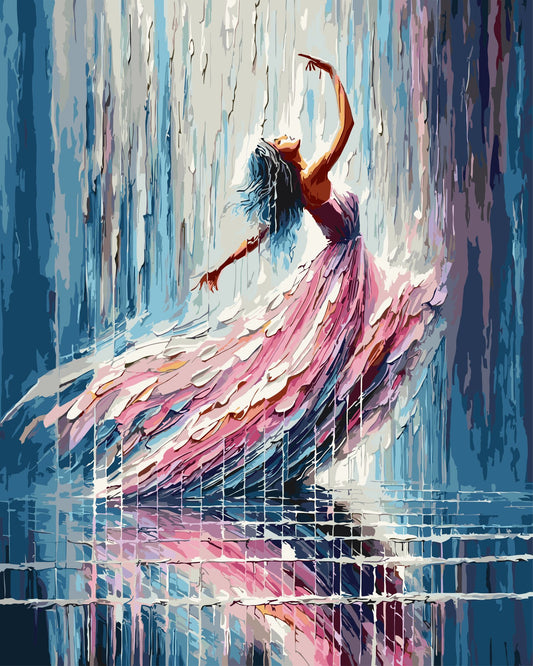 Flowing Pastels paint by number kit — expressive figure of a dancing woman in a flowing pastel dress with blue and teal dripping paint background and grid reflection below
