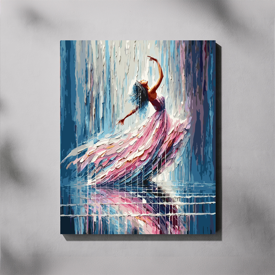 Flowing Pastels paint by number kit — completed canvas mockup of a woman dancing in the rain with arms raised, wearing a flowing pink and lavender dress against a blue and teal dripping background
