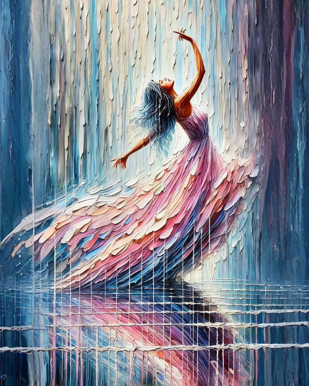 Flowing Pastels paint by number kit — woman dancing with arms raised and head back in a flowing dress of thick impasto brushstrokes in pink, blush and lavender with blue and teal rain streaks cascading down the background
