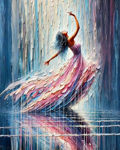 Flowing Pastels paint by number kit — woman dancing with arms raised and head back in a flowing dress of thick impasto brushstrokes in pink, blush and lavender with blue and teal rain streaks cascading down the background
