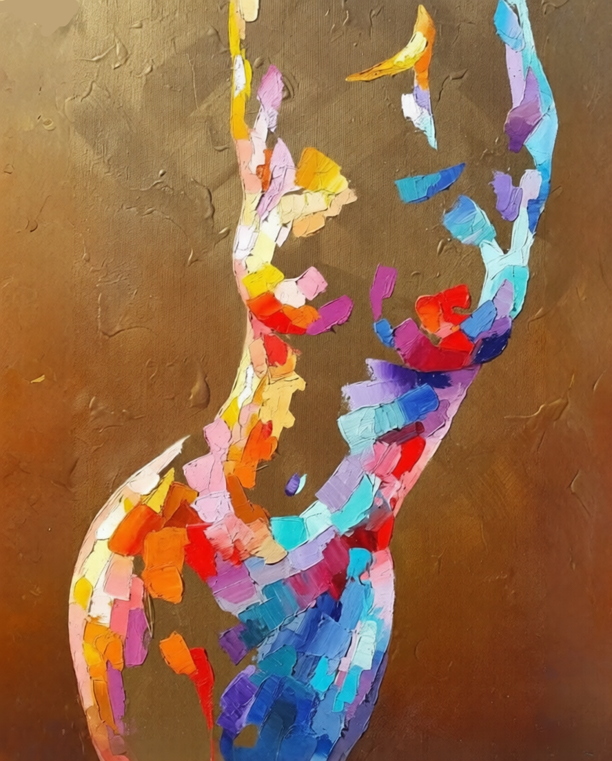 An abstract painting of a female silhouette composed of colorful textured brushstrokes in shades of blue, purple, red, orange, yellow, and pink against a warm brown background.