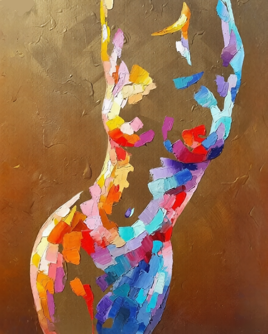 An abstract painting of a female silhouette composed of colorful textured brushstrokes in shades of blue, purple, red, orange, yellow, and pink against a warm brown background.