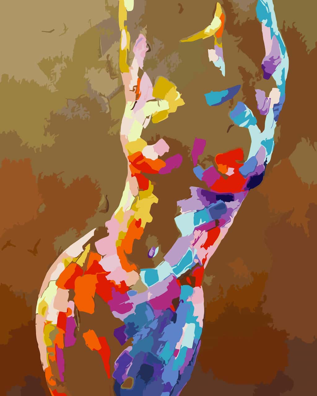 Abstract art paint by number depicting a stylized female torso in a colorful, painterly mosaic style against a textured brown and beige background.