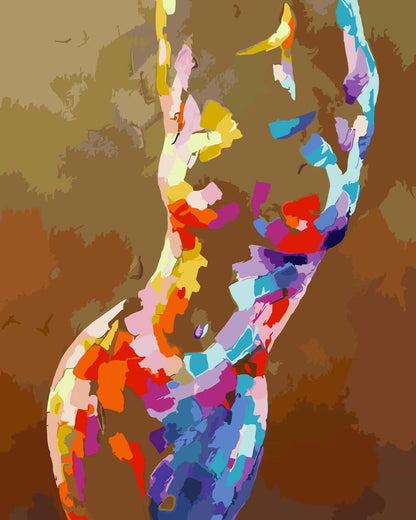 Abstract art paint by number depicting a stylized female torso in a colorful, painterly mosaic style against a textured brown and beige background.