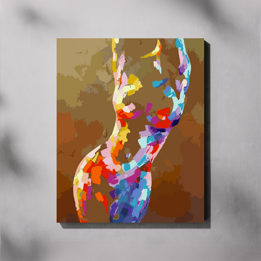 A vertical paint by number canvas featuring an abstract, colorful female silhouette on a brown and tan textured background, displayed against a light gray wall with soft shadow overlays.