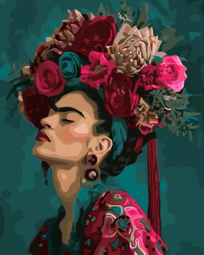 Artistic depiction of a person with a floral headpiece against a teal background