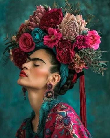 Woman with vibrant floral headpiece and colorful clothing against a teal background