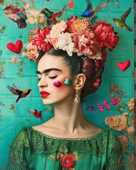 Woman with floral headpiece and green dress against a colorful background