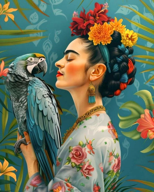 A stylized portrait of a woman in floral clothing with a large parrot on her shoulder, set against a tropical leaf background. The woman has dark braided hair adorned with red and yellow flowers, and the parrot is blue and gray with green and yellow accents.