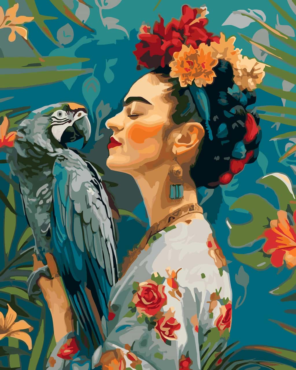 A colorful paint by number portrait of Frida with closed eyes, red flowers in her hair, blue earrings, and a parrot on her shoulder, set against a tropical leaf background. The artwork uses bold blue, teal, red, orange, green, and cream tones.