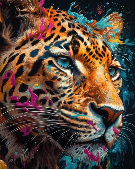 Colorful and abstract depiction of a leopard's face with artistic elements.