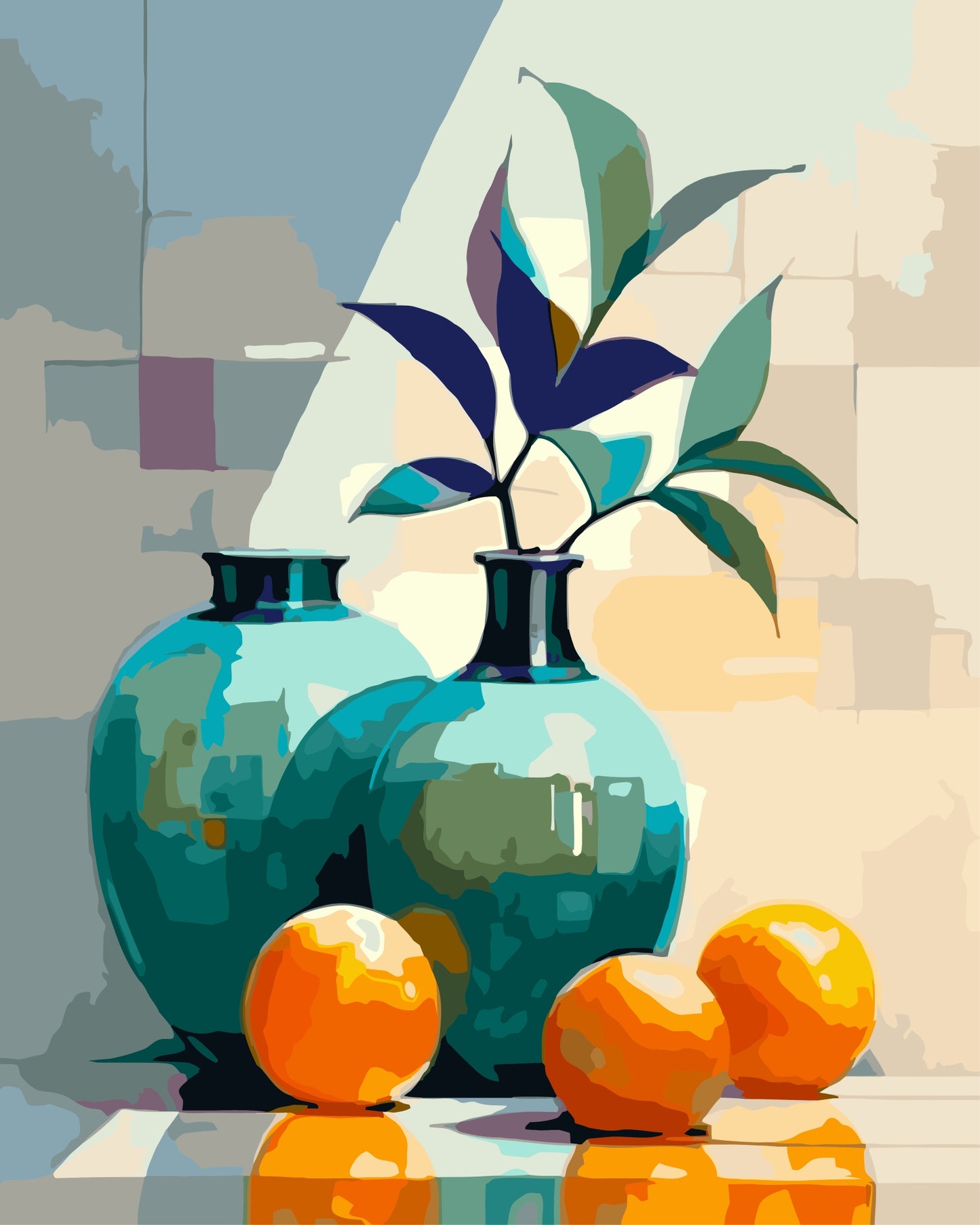 Geometric Display paint by number kit — painterly effect of teal vases with botanical leaves and oranges on a geometric patchwork background
