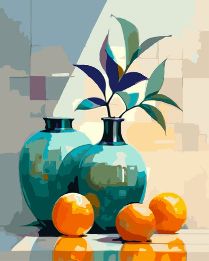 Geometric Display paint by number kit — painterly effect of teal vases with botanical leaves and oranges on a geometric patchwork background
