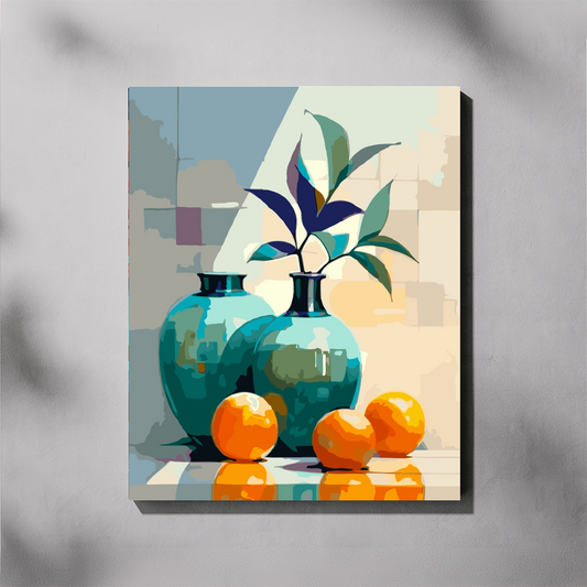 Geometric Display paint by number kit — completed canvas mockup of two round teal ceramic vases with botanical leaves and bright oranges against a geometric patchwork background
