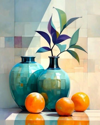 Two turquoise vases with decorative leaves and three oranges on a reflective surface with a colorful abstract background.