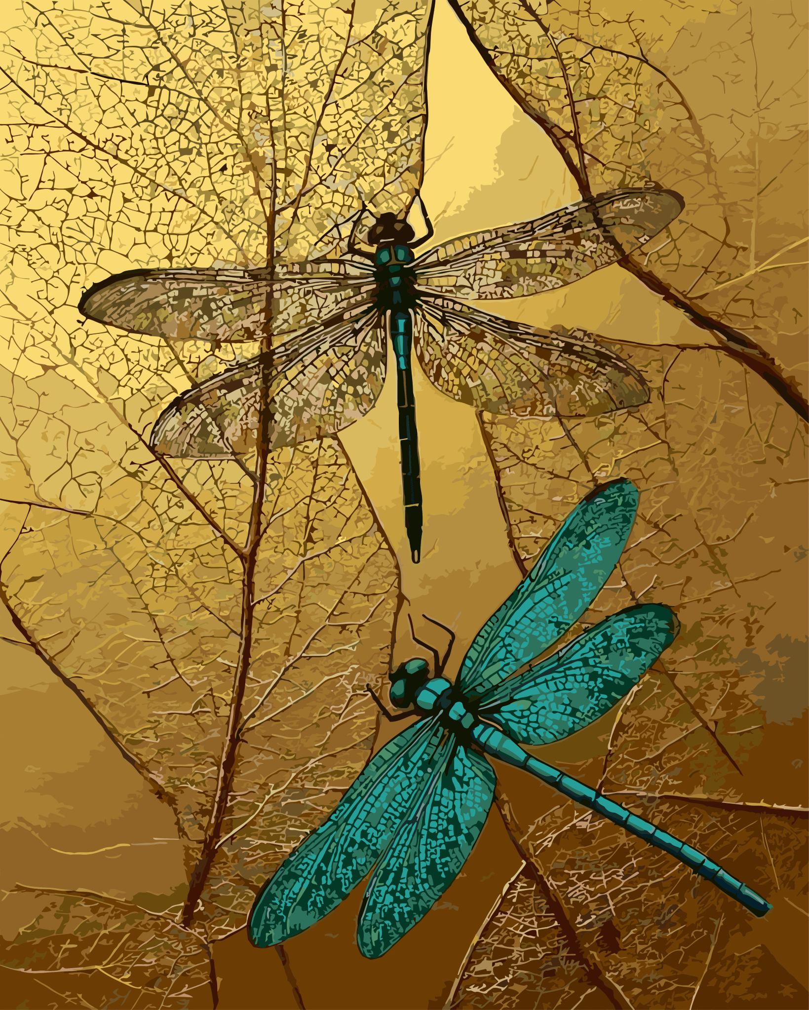 Gilded Dragonflies paint by number kit — artistic effect of two dragonflies in rich gold, deep teal and dark brown tones on a textured gold leaf background
