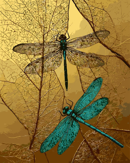 Gilded Dragonflies paint by number kit — artistic effect of two dragonflies in rich gold, deep teal and dark brown tones on a textured gold leaf background
