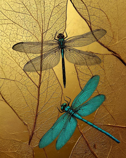 Two dragonflies on textured gold and brown leaves