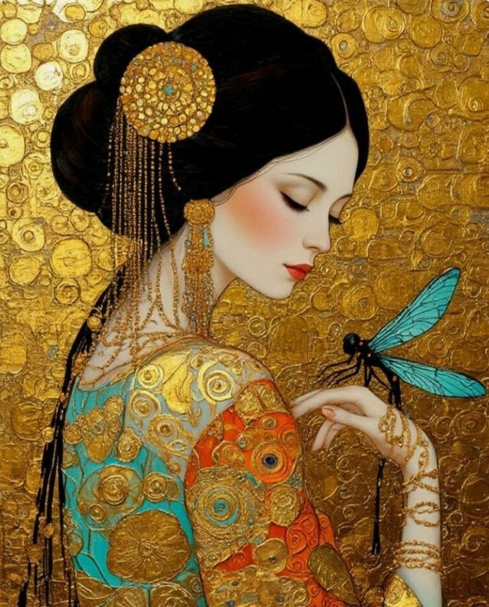 A stylized portrait artwork of a woman in profile with dark hair, ornate gold jewelry, a turquoise and orange patterned garment, and a blue dragonfly against a textured gold background.