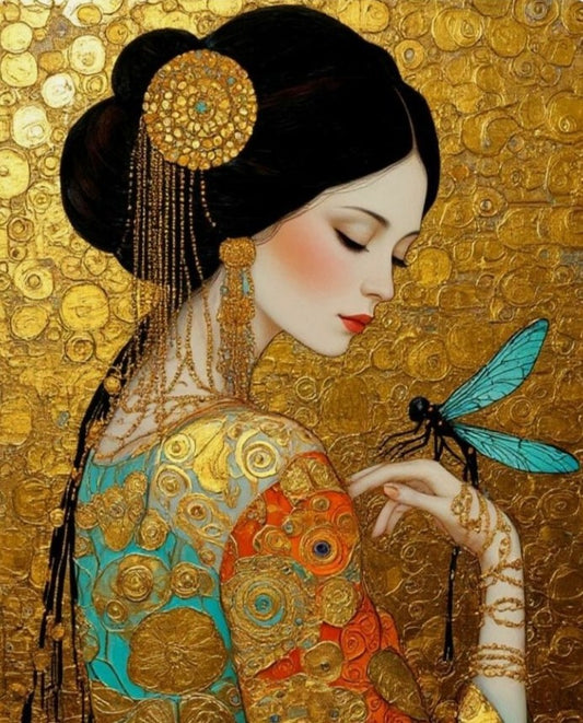 A stylized portrait artwork of a woman in profile with dark hair, ornate gold jewelry, a turquoise and orange patterned garment, and a blue dragonfly against a textured gold background.
