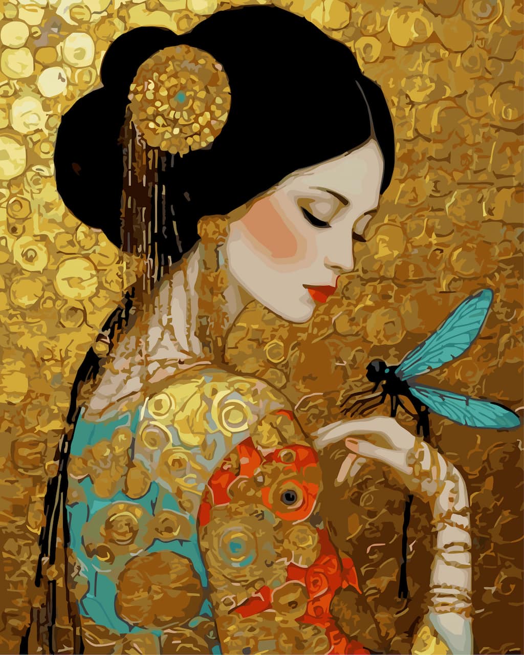 An artistic paint by number of a woman in profile with black hair, a gold hairpiece, and an ornate gold dress with turquoise and red accents, holding a blue dragonfly against a textured gold background.